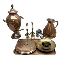 Quantity of copper to include samovar, jug and tray, together with brass candlesticks and other metalware  