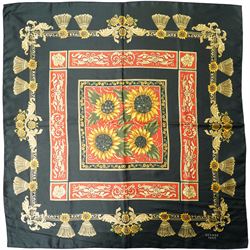 Hermès silk carré scarf, the black ground with central sunflower motif framed by ornate ba...
