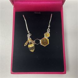 Silver amber bee honeycomb necklace, stamped 925