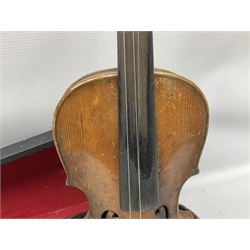 Late 19th century Saxony violin with 36cm one-piece maple back and ribs and spruce top; bears label 'Josef Klotz in Mittenwalde Anno 1795' L60cm overall; in ebonised wooden 'coffin' case