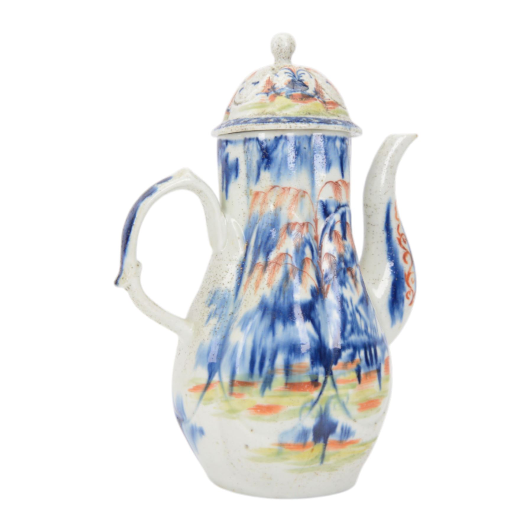 Rare mid 18th century West Pans coffee pot, circa 1764-1770, of baluster form, the moulded six lobed body decorated in underglaze blue with a chinoiserie landscape, picked out in red and green enamel, H26cm