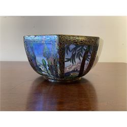 Early 20th century Wedgwood Fairland lustre bowl, circa 1920, of octagonal form, designed by Daisy Makeig-Jones, the exterior decorated in the Castle on the Road pattern, the interior decorated in the Fairy in a Cage pattern, pattern no Z5125, with printed marks beneath, H11cm D22.5cm
