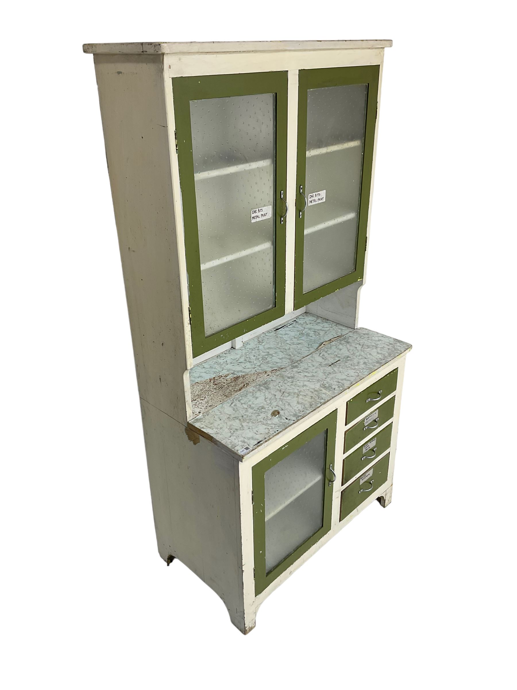 Mid-20th century painted kitchenette, raised glazed cabinet over single glazed door and four drawers