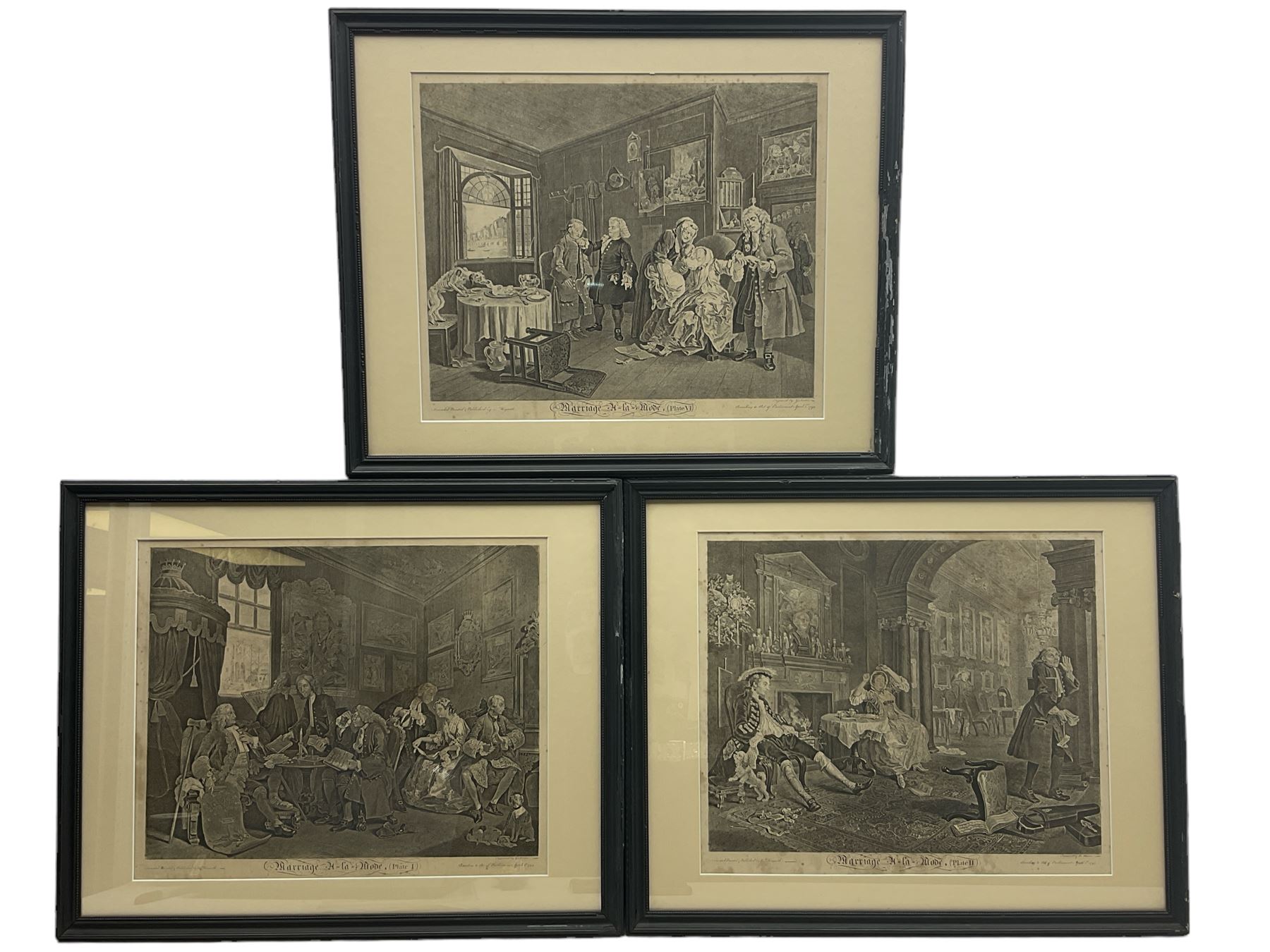 After William Hogarth (British 1697-1764): 'Marriage A-la-Mode' - 'The Marriage Settlement I' 'The Tête à Tête II' and 'The Lady's Death VI', three engravings originally pub.1743-1745, 35cm x 45cm (3)
