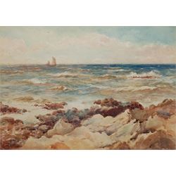 Gladys M Aitken (Isle of Man exh.1915): Boat off a Rocky Coast, watercolour signed 24cm x 34cm; Robert Hughes (British early 20th century): Castle by the River, watercolour signed 15cm x 32cm