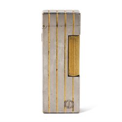 Dunhill - Rollagas lighter, silver-tone metal with gilt linear decoration and gilt ribbed ...