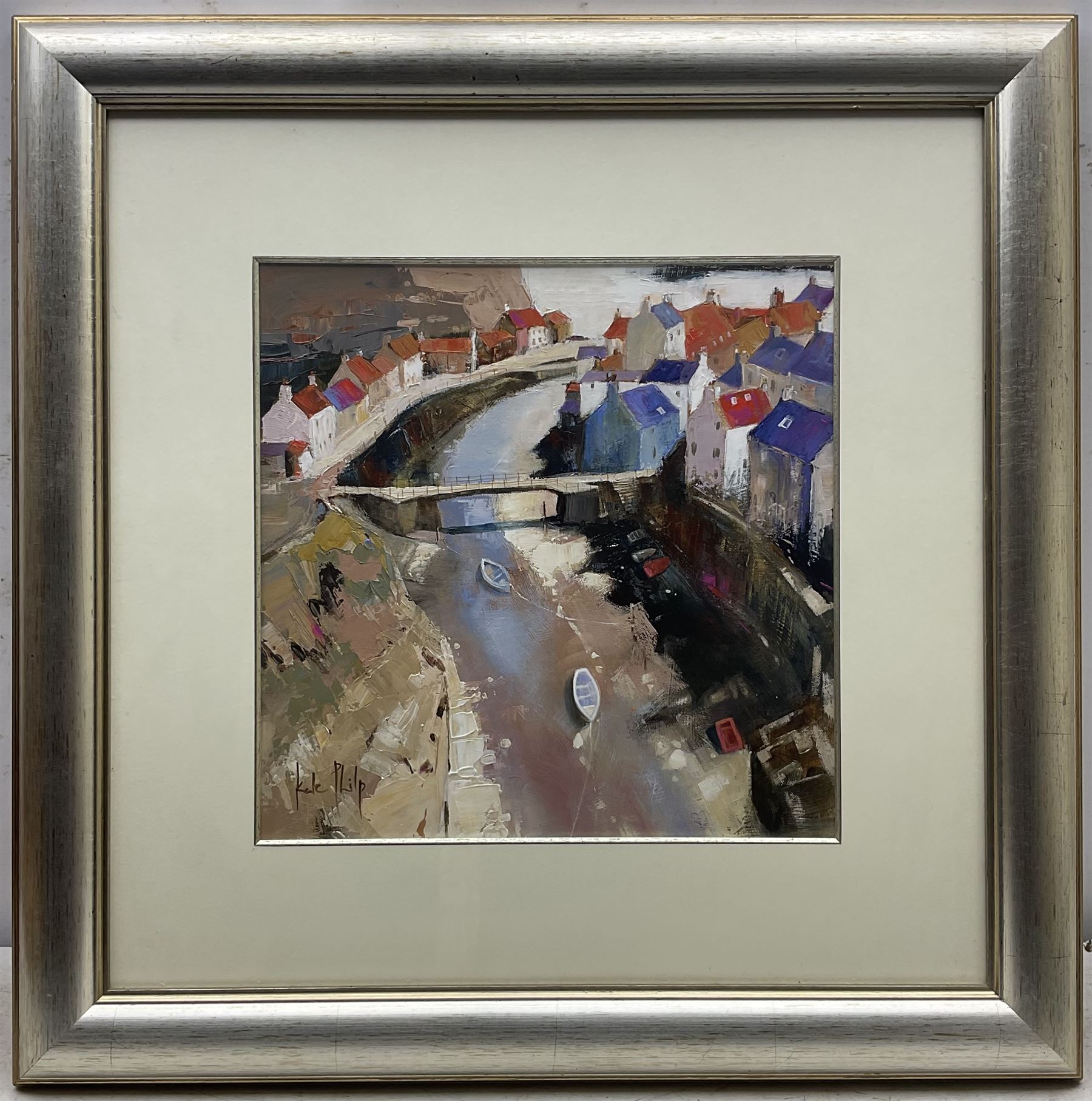 Kate Philp (Scottish 1973-): 'Staithes', acrylic on canvas signed, titled verso 39cm x 38cm