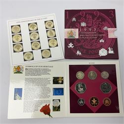The Royal Mint United Kingdom 1992 and 1993 brilliant uncirculated coin collections, both including dual dated 1992/1993 EEC fifty pence coin, in card folders