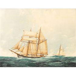 J E Fox (British 20th Century): Sailing Boats at Sea, oil on canvas board signed and dated 1977, 34cm x 44cm 