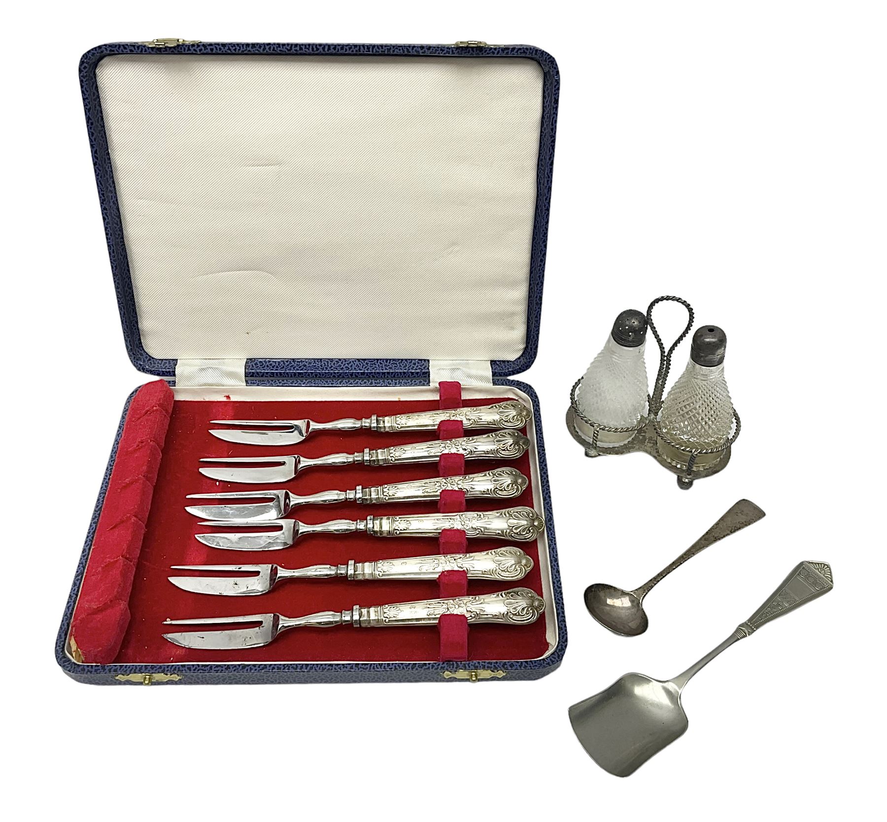 Victorian silver cut glass cruet set on stand, with diamond cut bodies, a set of six silver handled cake forks, cased, a Georgian silver mustard spoon and a silver plated shovel spoon, all hallmarked 
