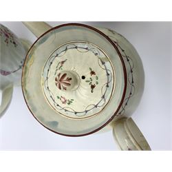 Two19th century relief moulded Castleford teapots, and lidded sucrier, largest teapot H14.5cm, together with three 18th century New Hall type teapots, an early 18th century saucer, and an 18th century blue and white bowl.