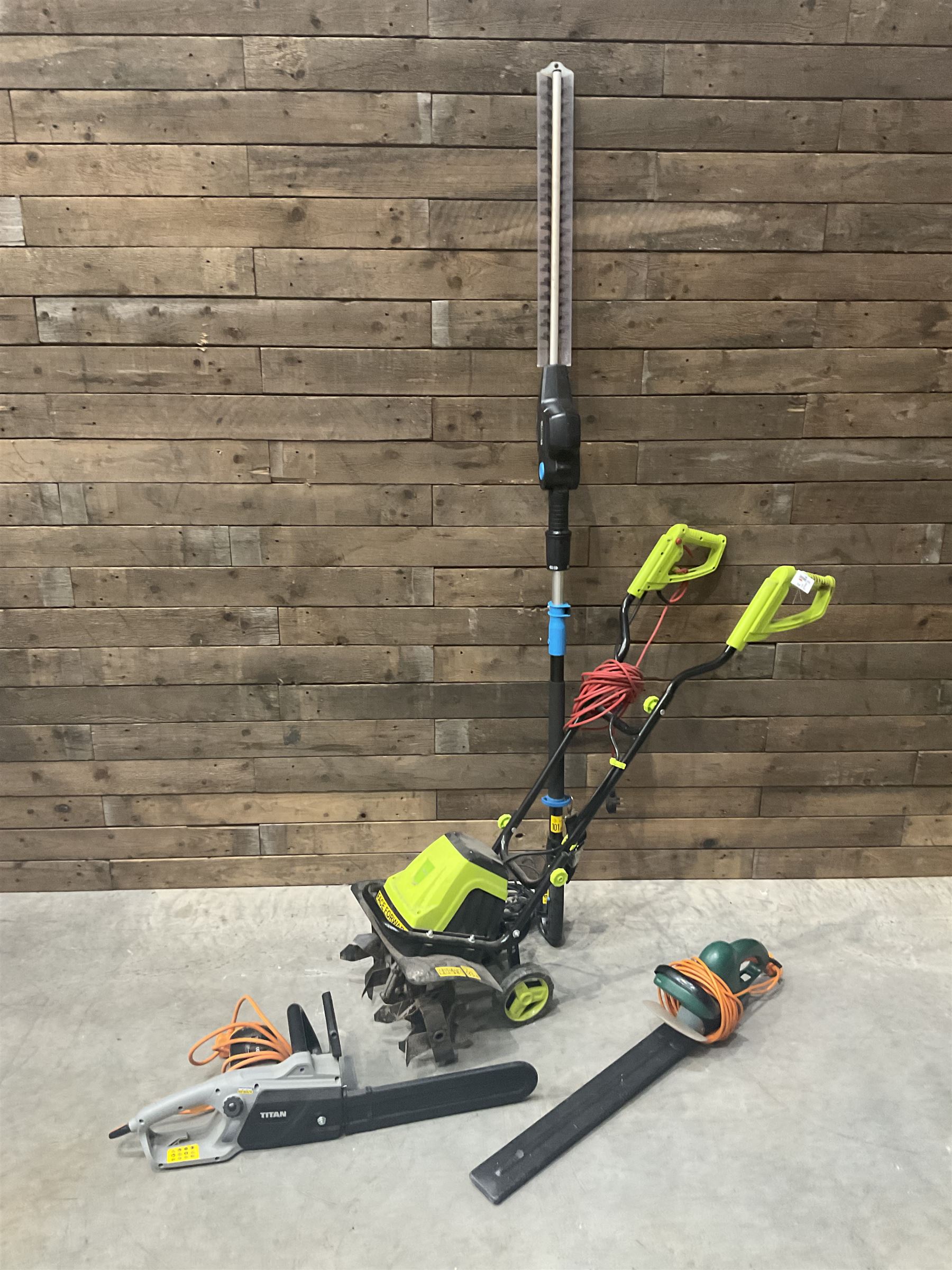 GardenGear electric tiller, MacAllister hedge trimmer, Titan electric chainsaw, and a hedge trimmer