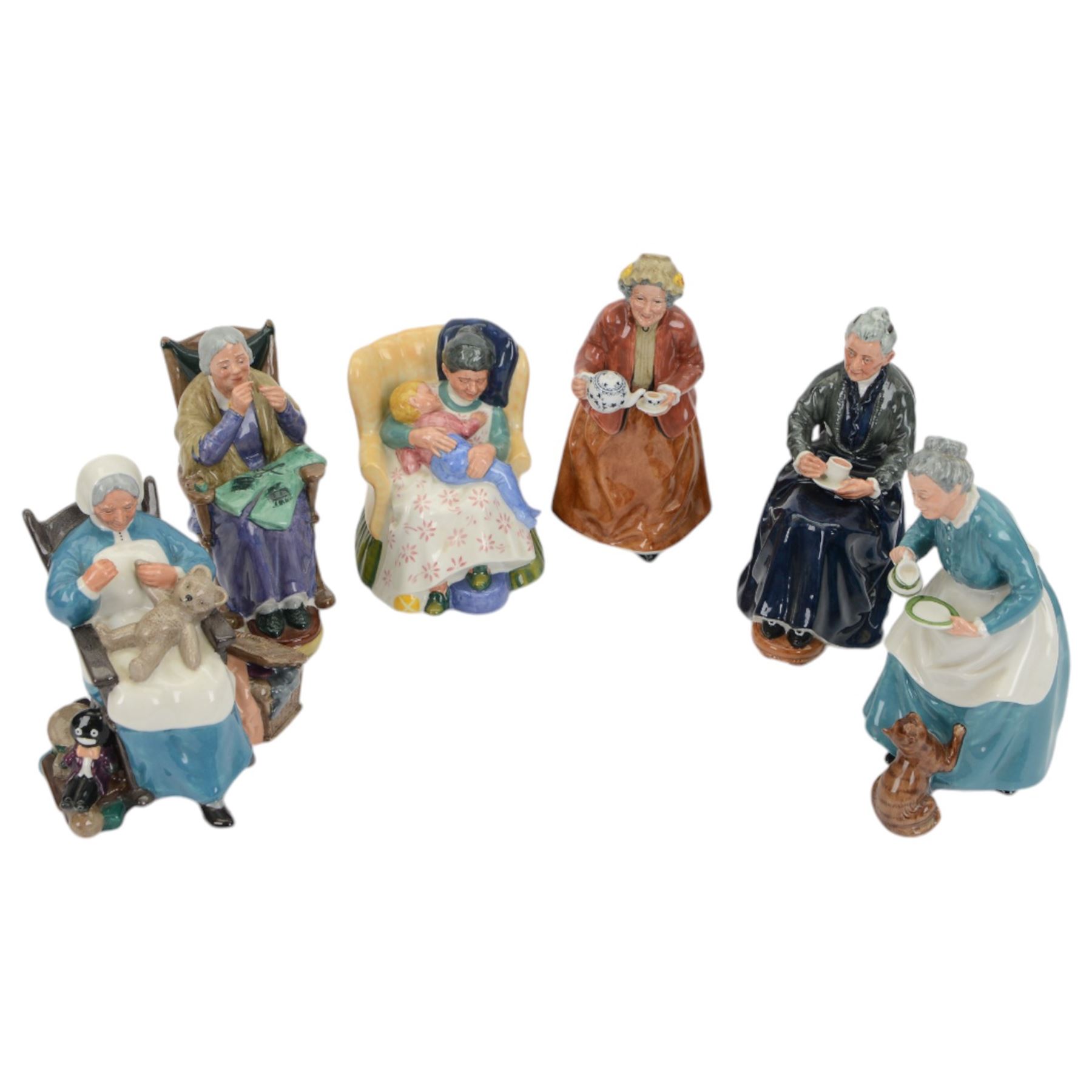 Six Royal Doulton figures including Teatime HN2255, A Stitch in Time HN2352, The Cup of Tea HN2322 etc 