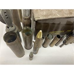 Large collection of shell and bullet casings, including a trench art example, together with a metal cartage case and wooden case