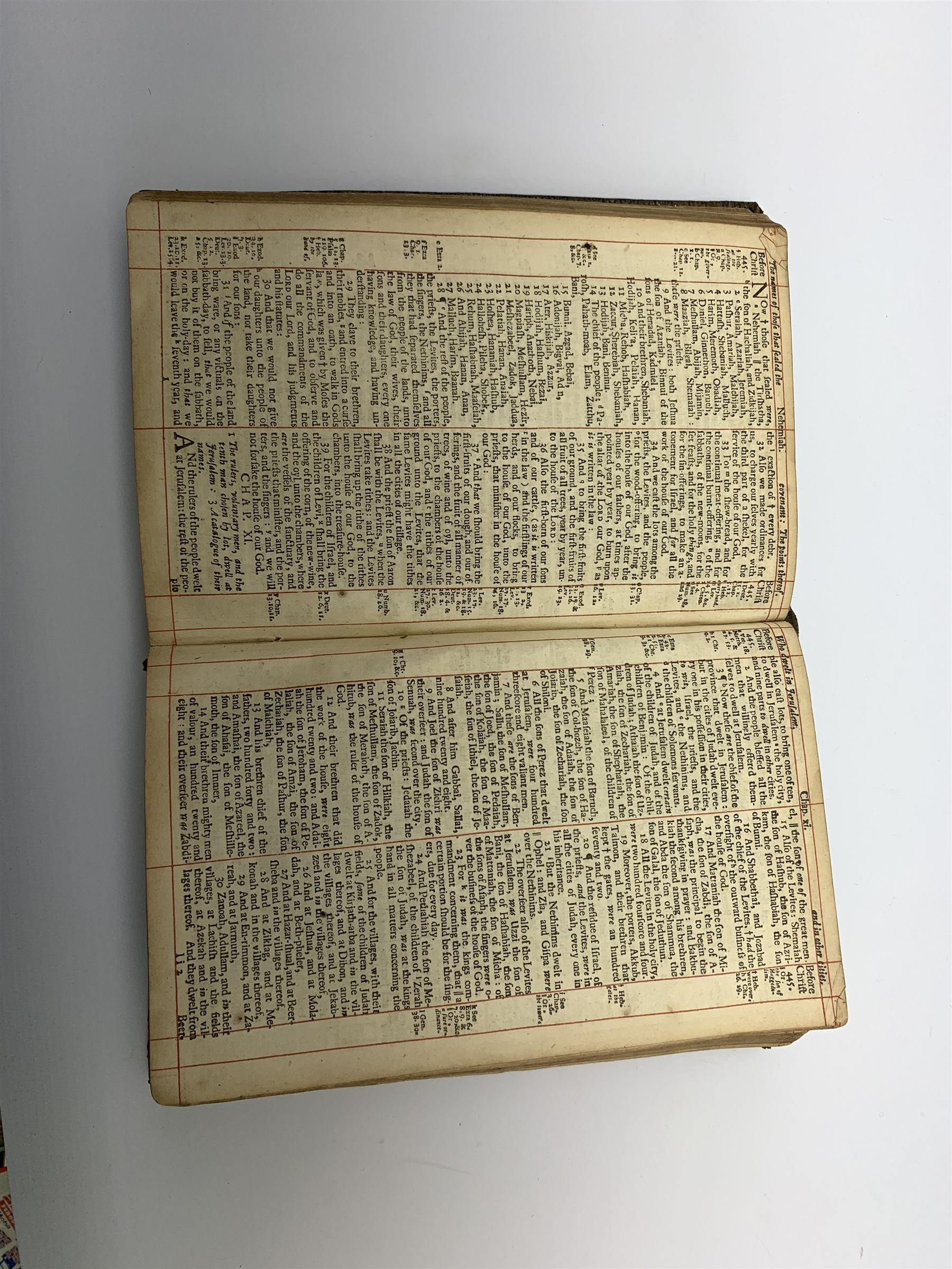 Early 18th century Holy Bible. 1711. London. Printed by The Assigns of Thomas Newcomb and Henry Hills, deceas'd. Printers to the Queens Most Excellent Majesty. Engraved title page. Red lined pages. Full tooled leather/gilt binding with aeg.