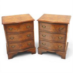 Pair of Georgian design figured elm serpentine bedside chests, moulded top raised on bracket feet