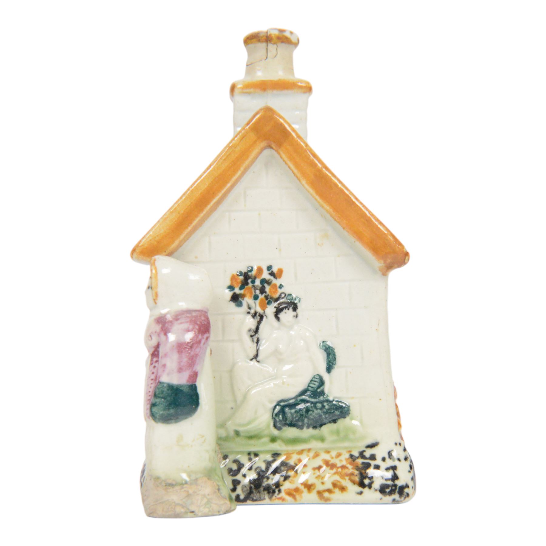 19th Century Staffordshire pearlware Prattware type money box, modelled as a houe with two figures to the front corners, H13cm