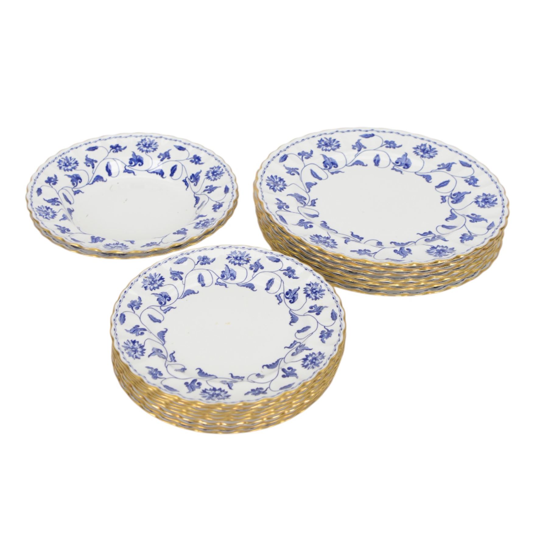 Spode Blue Colonel pattern part dinner service, comprising seven dinner plates, two bowls, eight side plates, four saucers, one cup and a coffee pot, all with printed mark beneath