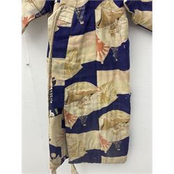 1930s Japanese fully lined kimono decorated with Japanese naval vessels and bi-planes, Japanese, American and British flags and dated 1935; looks to be child's size
