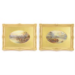 Pair of turn of the century Royal Worcester oval porcelain plaques painted by John Stinton, the first example depicting highland cattle watering against misty mountains, titled 'Loch Lomond' verso, the second depicting cows watering before a bridge with church in the distance, titled 'Bakewell Bridge Derbyshire', each signed J Stinton, each with puce printed mark verso, and date codes for 1899 and 1900, each contained within gilt frame with mount, plaques approximately 14.5cm x 23cm, overall 29.5cm x 38cm