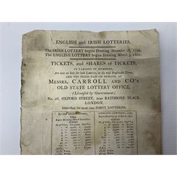 1799 Irish Lottery Ticket for the November 18th lottery signed by A. Higinbotham; together with a hand bill advertising the lottery and the English lottery March 3rd 1800 (2)