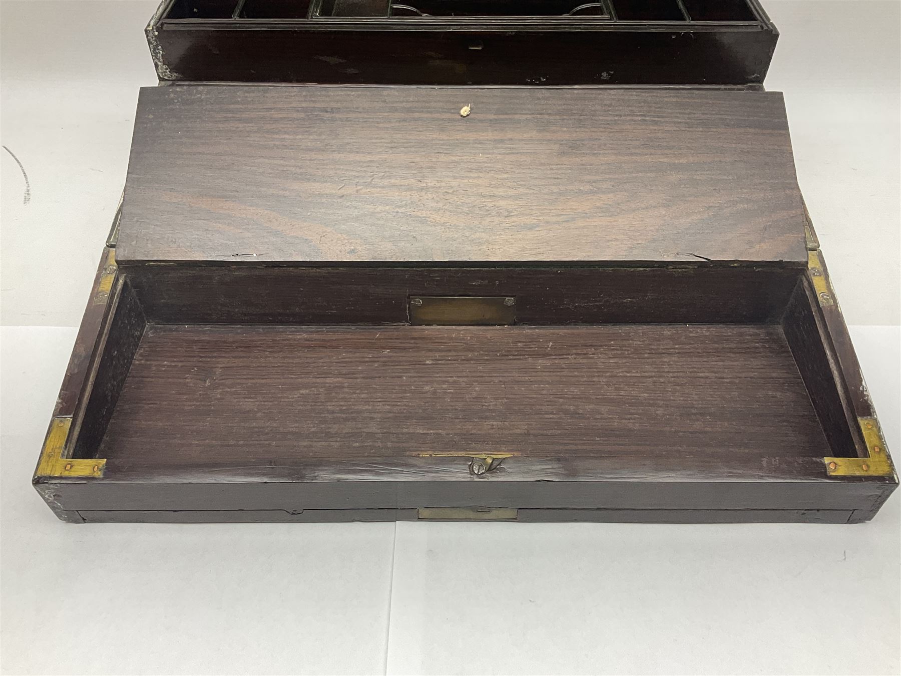 19th century mahogany writing slope, having brass capped corners, sunken twin handled, opening to reveal pull down hinged filing compartment and fitted interior, H18cm, L48, D30cm