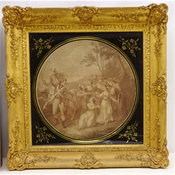  Soldier Returning from War and Mother and Child, pair 18th/early 19th century mezzotints, verre eglomise mount in gilt frame, overall size 46.5cm x 46.5cm (2)  