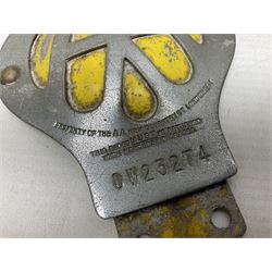 Gold plated leaping Jaguar car mascot, no.7'24265'3WB L12.5cm; three AA car badges and Veteran Motorists car badge; and quantity of 1950s fuel and general ration books