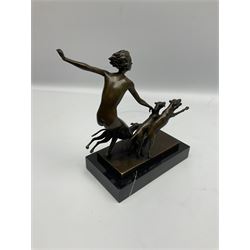 After 'Lorenzl', Art Deco style bronze figure modelled as a lady with three dogs, with foundry mark, including base H23cm