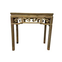 Chinese Ming design elm side table, rectangular top over shaped frieze rails, on square supports with curved outer edge 