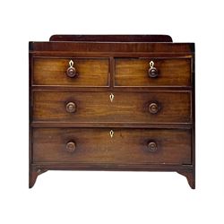 19th century mahogany chest, rectangular top with raised gallery back, fitted with two short and two long cockbeaded drawers, each with bone escutcheon, on shaped bracket feet