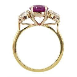 18ct gold three stone oval pink sapphire and round brilliant cut diamond ring, pink sapphire approx 3.10 carat, total diamond weight approx 0.80 carat