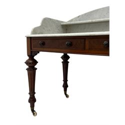 Victorian figured mahogany two-piece bedroom set - the washstand with white and black marble moulded top with arched back and raised shelf, two moulded frieze drawers, on turned and fluted supports with brass and ceramic castors (W123cm, D60cm, H102cm); the dressing table with raised swing mirror in moulded frame with shell and scroll carved pediment, on scrolled horns carved with foliage, four raised trinket drawers over moulded rectangular top, fitted with two drawers, on turned and fluted supports with brass and ceramic castors (W122cm, H177cm, D62cm)
