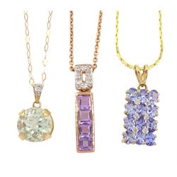  Three 9ct gold pendants including amethyst and diamond and tanzanite and diamond, two pendants on silver-gilt chains, one pendant on 9ct gold chain