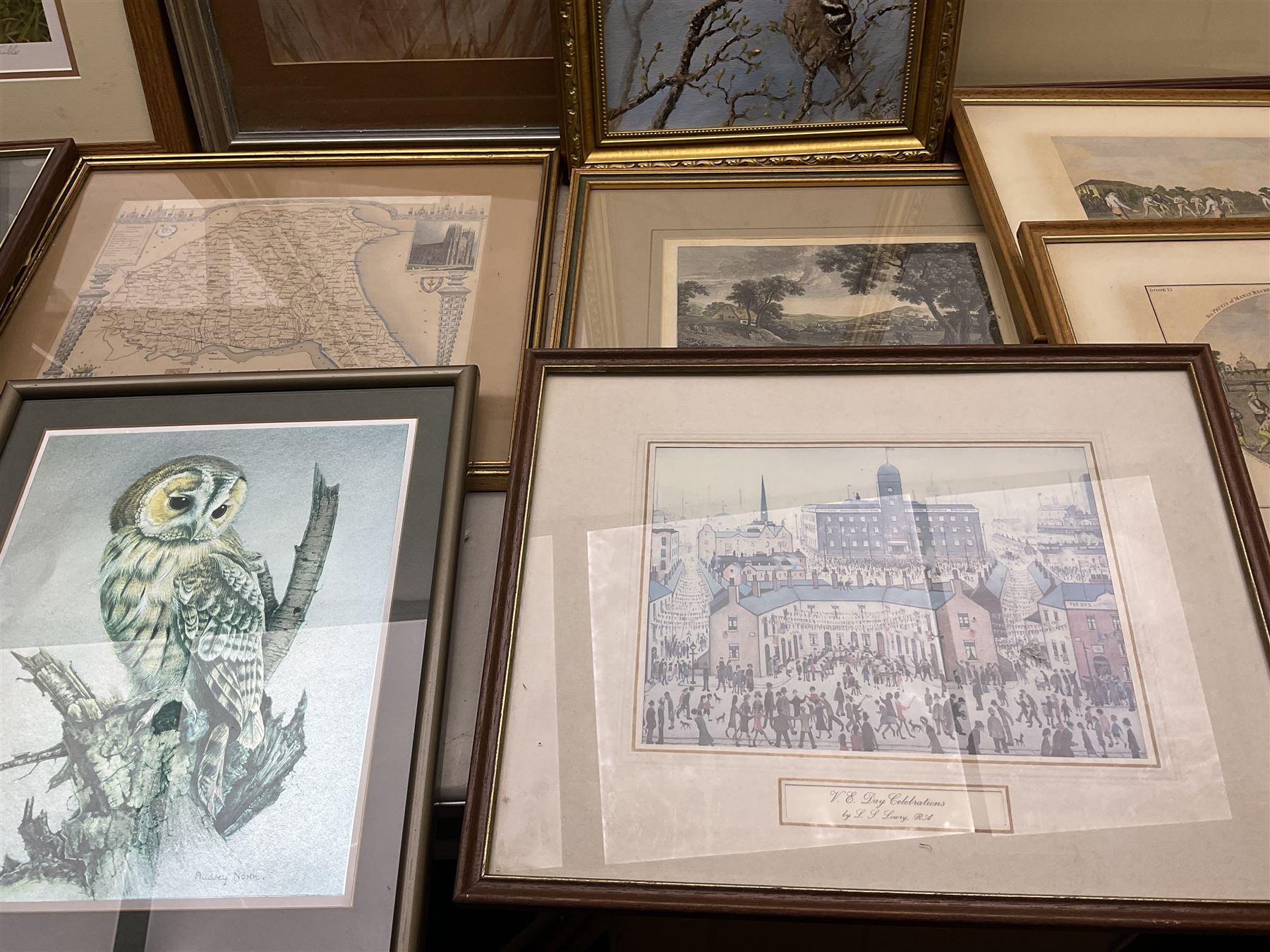 Collection of pictures, prints and maps, including Robert Fuller, W Forbes, Jeff Beaumont etc in one box