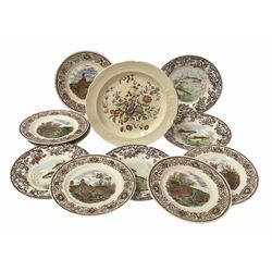 Set of four Spode Woodland Stream plates comprising Perch, Rudd, Trout and Salmon, Copeland Spode Royal Jasmine plate, and set of six Mason’s Game Birds plates