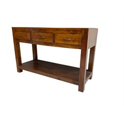 Hardwood sideboard, fitted with three drawers over undertier 
