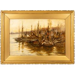 Robert Jobling (Staithes Group 1841-1923): Boats Moored on the Tyne, oil on canvas signed 34cm x 52cm