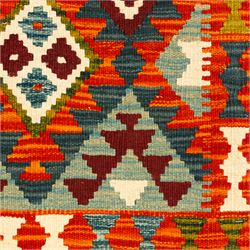 Afghan Maimana kilim flatweave runner, central field features a large bold nested diamond motifs and stylized geometric lozenge patterns on crimson, olive purple, blue, and green tone ground, border stripe in teal ground, and fringe