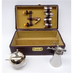  Shop stock: leather travel bar, Stag plated stirrup cup and Pheasant plated glass preserve jar by Laurence R. Watson & Co. two boxed  