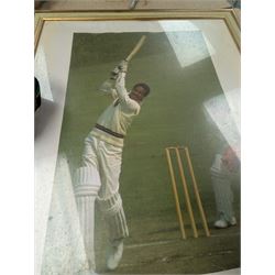 Collection of signed International cricket memorabilia, mostly relating to West Indies, including Curtly Ambrose and Brian Lara prints, Shane Warne and Glen McGrath last test souvenirs, signed Zimbabwe 2003 tour cricket bat, etc