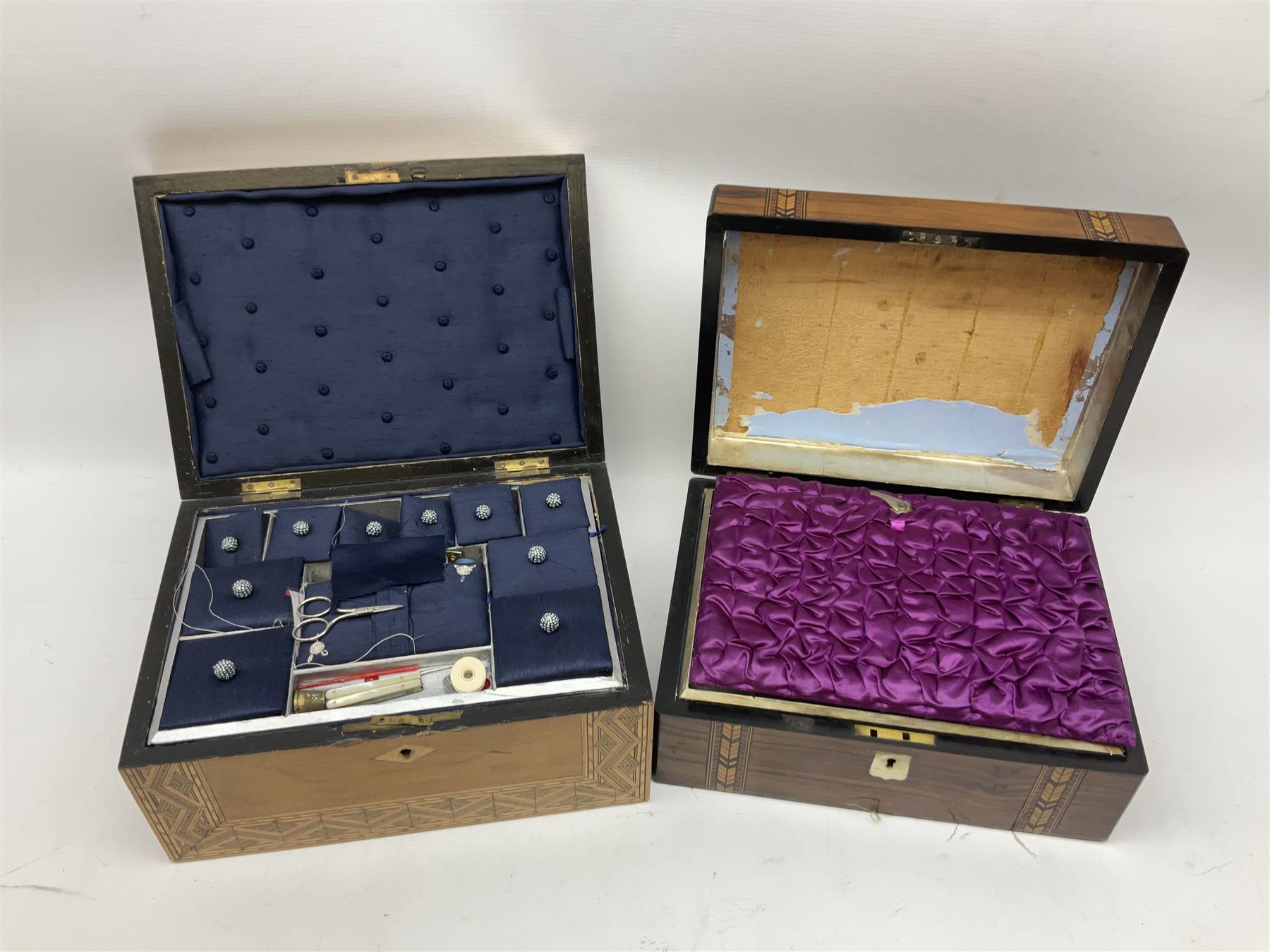 Oak sewing box with geometric inlaid decoration, the hinged lid lifting to reveal compartmented interior with lift out tray together with another mahogany example with mother of pearl and marquetry inlay decoration, both for restoration, largest H15cm W30cm D22cm