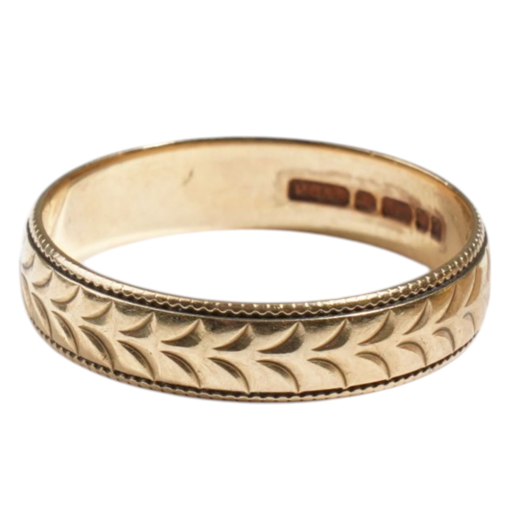 Two 9ct wedding bands, with engraved decoration
