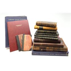 Seven Victorian and later leather bound ledgers including cash books, day books etc, some with entries and some unused; other leather bound books; and two volumes on Italian Art