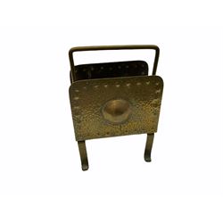 Arts & Crafts letter rack H15cm, two brass Foxes H10cm and H3.5cm, brass anvil paperweight, set of brass sovereign scales etc 