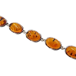Silver oval Baltic amber link bracelet, stamped 925