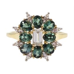 9ct gold oval green tourmaline, baguette and round cut white zircon cluster ring, hallmarked