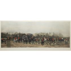 After Heywood Hardy (British 1842-1933): 'A Lawn Meet at Aske', hand-coloured lithograph 46cm x 103cm, together with a key to the riders depicted 9cm x 30cm (2)