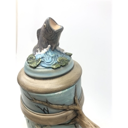  Large earthenware stein moulded with a continuous underwater landscape of fish amongst grasses and branches with fish finial, signed and dated Andrew 1995, (a/f) H45cm  