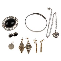 Two pairs of 9ct gold earrings and silver jewellery including jet brooch and earrings, hea...
